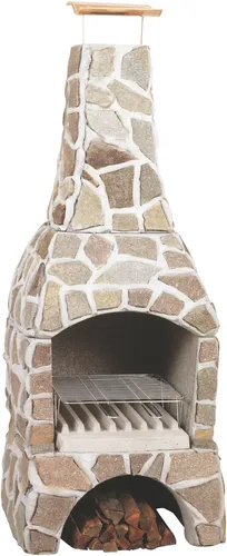 WELLFIRE Grillkamin Landau 80x77x202 cm - Grillkamin für Holz und Holzkohle, aus robustem Beton und Naturstein, ideal für gemütliche Grillabende im Garten.