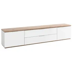 Carryhome Lowboard Eiche Artisan - Weiß Hochglanz - Stylisches Lowboard für das Wohnzimmer, mit 2 Fächern und Kabeldurchlass. FSC Mix zertifiziert, ideal für moderne Wohnwände.