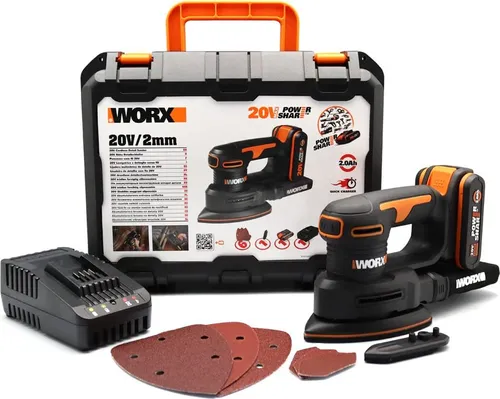 WORX WX822 Akku Detailschleifer 20V - Schleifmaschine für Holz mit Staubfangsack, ideal für Möbel und Ecken. PowerShare-kompatibel, Akku und Ladegerät inklusive.