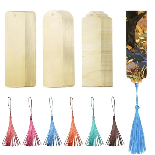 Stuck Unfertiges Holz Lesezeichens, Blanko Lesezeichen Basteln, Geschenk Tags mit Quasten, mit 6 Farben Quasten zum Basteln & Beschriften für DIY Lesezeichen Handwerk Geschenke Tag 3.2 ×12 CM 36