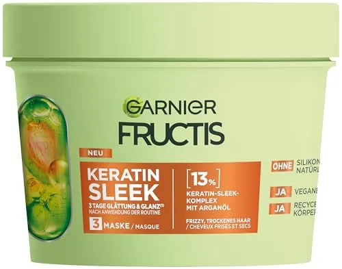 Garnier Fructis Keratin Sleek Haarmaske 340ml - Haarmaske für geschmeidiges, glänzendes Haar mit Keratin-Komplex und Arganöl. Pflegt intensiv, reduziert Frizz und sorgt für einen langanhaltenden Sleek-Look. Ideal für trockenes Haar.