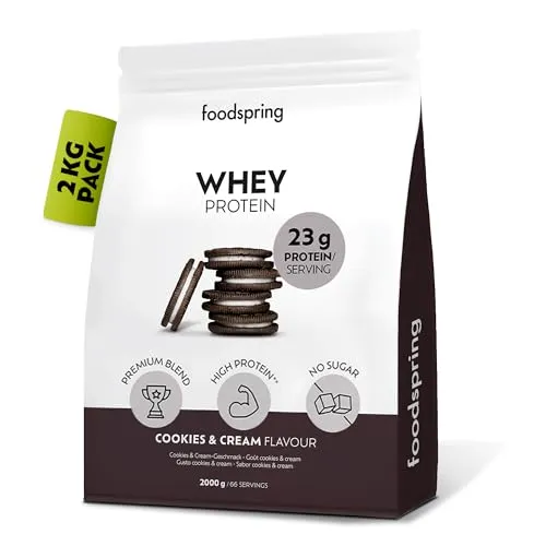 foodspring - Whey Protein Pulver Cookies&Cream Vorteilspackung 2kg – Mit 23g Eiweiß zum Muskelaufbau, perfekte Löslichkeit, ultrafiltriert, reich an BCAAs & EAAs – vollmundiger & leckerer Geschmack