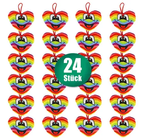 Rasehorn Dekokissen Plüsch Herz mit Regenbogen - 24 Stück - Bunte Plüsch Herzen in Regenbogenfarben, ca. 11 cm groß, ideal als Geschenk oder Dekoration. Mit praktischer Schlaufe zum Aufhängen, perfekt für Mitgebsel oder kleine Aufmerksamkeiten.