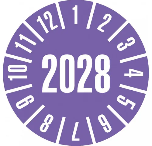 Dreifke Hinweisschild Prüfplakette 2028, violett, Dokumentenfolie, selbstklebend, Ø 25mm, 21