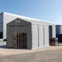 TOOLPORT 5x10 m Lagerzelt - PVC-Plane, grau, mit Bodenrahmen - Pavillons: Robustes 5x10 m Lagerzelt mit Bodenrahmen für ganzjährige Nutzung, ideal für gewerbliche und landwirtschaftliche Güter. Wasserdicht, UV-beständig und flexibel erweiterbar.