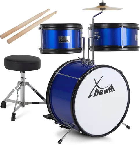 XDrum Junior KIDS Schlagzeug inkl. Schule Blau - Kompaktes Schlagzeug für Kinder von 3-5 Jahren, einfacher Aufbau und inklusive Schule, Hocker, Drumsticks und Stimmschlüssel.