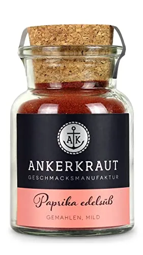 Ankerkraut Paprika edelsüß, Geschmack mild, fruchtig süß, rot, Pulver gemahlen, verfeinert Fleisch und Gemüse, Universal-Gewürz Premium Qualität, 70 g im Korkenglas