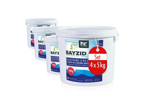 BAYZID Multitabs 5in1 für Pools - 4x 5 kg Eimer - Poolzubehör für die einfache Wasserpflege: Mit unseren 5in1 Multitabs sichern Sie die Chlorung und stabilisieren die Wasserwerte, reduzieren Chemikalien und genießen kristallklares Wasser.