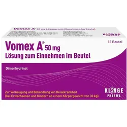 Vomex A 50 mg Lösung im Beutel - 12 ST - Arzneimittel gegen Reisekrankheit für Erwachsene und Kinder ab 30 kg. Ideal zur Vorbeugung und Behandlung von Übelkeit auf Reisen. Einfach ohne Wasser einzunehmen!