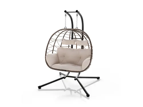 Juskys Doppelhängesessel Aria - Beige - Hängesessel für 2 Personen, aus wetterfestem Polyrattan mit weichem Kissen für ultimativen Komfort und stilvolles Lounge-Design.