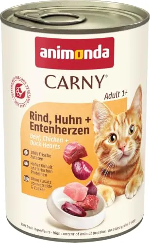 Carny® Adult Rind, Huhn + Entenherzen Katzenfutter - Hochwertiges Katzenfutter mit 100% frischen Zutaten, hohem Gehalt an tierischen Proteinen und ohne Getreide & Zucker für eine artgerechte Ernährung.