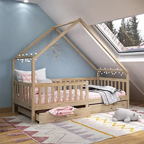 IDIMEX Kinderbett ALVA, Hausbett Montessori 90 x 200 - Betten: Naturbelassenes Kiefernholz, inklusive 2 Schubladen für zusätzlichen Stauraum, perfekt für kreative Schlafumgebungen.