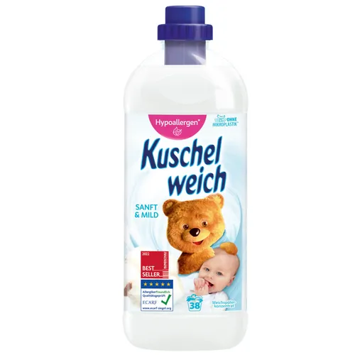 Kuschelweich Weichspüler Sanft und Mild 1000ml für 38 Waschladungen - Erleben Sie einen besonders weichen Griff und frischen Duft mit Kuschelweich Weichspüler. Ideal für empfindliche Stoffe und sorgt für ein angenehmes Wäschgefühl.