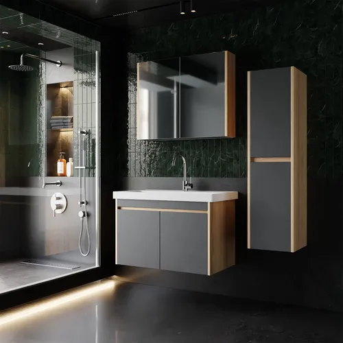 Karen Badmöbel-Set Dallas 4-Teilig - Badmöbel-Set mit Unterschrank, Spiegelschrank, Waschbecken und Hochschrank. Platzsparend und mit Softclose-Funktion für ein modernes Badezimmer-Design.