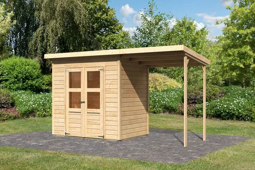 Karibu Gartenhaus Set "Merseburg 3" mit Zubehör - Aktionsangebot inkl. 100 Euro Zubehör! Naturbelassenes Holz-Gartenhaus (2,1 x 1,5 m) mit Anbaudach für optimalen Schutz Ihrer Gartengeräte und vielseitige Nutzung.