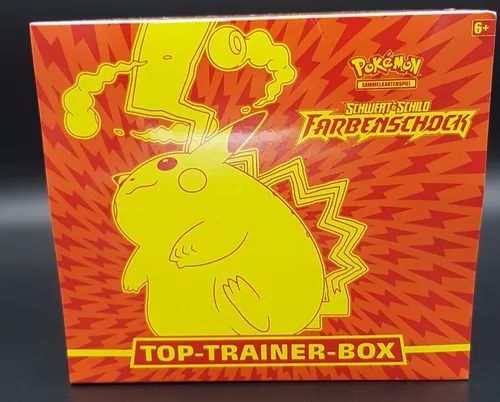 Pokemon Tcg Schwert und Schild Farbenschock Top Trainer Box Pikachu - TCG OVP Displays mit Pikachu, enthält Booster und ist ideal für Sammler und Pokémon-Fans ab 6 Jahren.