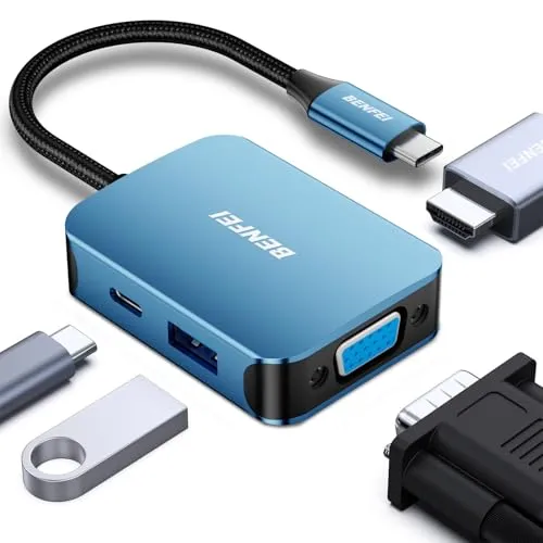 BENFEI USB-C Hub 4in1 Adapter mit HDMI und VGA - Kompakter USB-C Hub zur Erweiterung Ihres Laptops mit HDMI, VGA und USB-A. Ideal für Präsentationen und Bildschirmvergrößerung. Hohe Datenübertragungsrate und stabile Aluminiumkonstruktion.