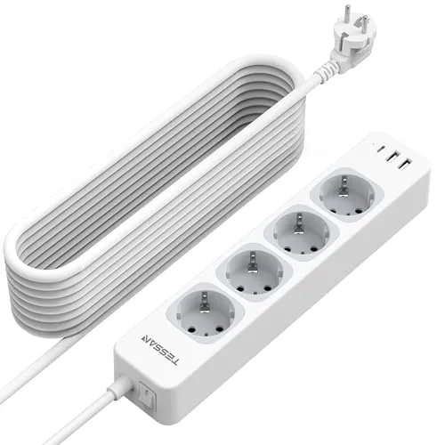 TESSAN 4 Fach Mehrfachsteckdose mit Verlängerungskabel 10M, Steckdosenleiste mit 1 USB C und 2 USB A, Mehrfachstecker mit Schalter, 2500W Verteilersteckdose Steckerleiste, Grau