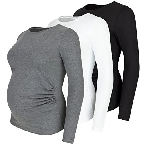 Umstandsshirt 3er Set unifarben Umstandsmode Schwangerschaft Schwangerschaftsshirt, Langarm (Schwarz, Weiß, Dunkelgrau, Medium)