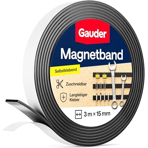 GAUDER Magnetband selbstklebend mit 3M-Kleber - Stark haftender Magnetstreifen zuschneidbar - Magnetklebeband mit hoher Magnetkraft & zuverlässiger 3M-Klebeschicht (3 m x 15 mm)
