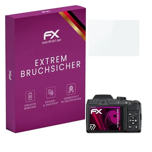 atFoliX Glasfolie kompatibel mit Nikon Coolpix B500 Panzerfolie, 9H Hybrid-Glass FX Schutzpanzer Folie
