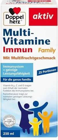 Doppelherz Multi-vitamine Immun Family Flüssig - Nahrungsergänzungsmittel für die ganze Familie, bietet wichtige Vitamine und Mineralstoffe zur Unterstützung des Immunsystems und zur Verringerung von Müdigkeit, mit leckerem Multifruchtgeschmack.