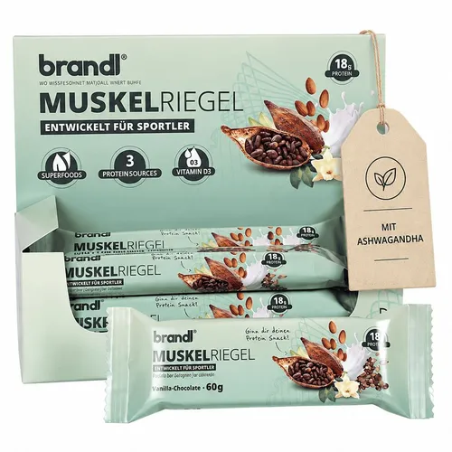 brandl® Eiweiß-Riegel Vanille-Schoko mit 18 g Protein - Leckerer Sportriegel mit 18 g hochwertigem Eiweiß aus drei Quellen. Ideal nach dem Sport oder als Snack für zwischendurch. Nur 1,8 g Zucker pro Riegel und ohne Pflanzenöle.