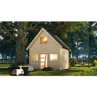 Spielhaus Holz Kinderspielhaus Kalle Karibu AKTION mit viel Zubehör - Kinderspielhaus aus Holz, ideal für den Garten, fördert Kreativität und Spielspaß mit umfangreichem Zubehör.