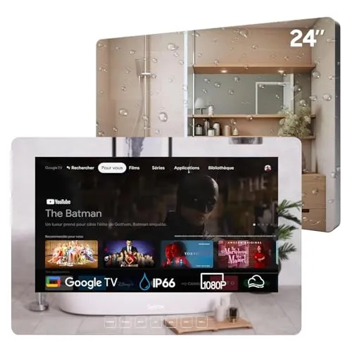SYLVOX Smart Mirror Badezimmer Fernseher 24 Zoll FHD - Fernseher & Heimkino: Wasserdichter 24 Zoll TV-Spiegel mit Google Assistant für unterhaltsame Badmomente und einfache Installation – kein Stress!