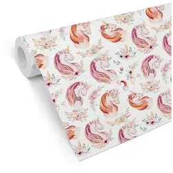 K&L Wall Art Mustertapete Kinderzimmer Vliestapete Einhorn Prinzessin Rosa Mädchenzimmer Blume, Blumenkranz Tapete rosa 0.48 m x 5.28 m
