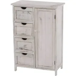 HHG Kommode 044 im Shabby-Look, 82x55x30cm, Weiß - Die HHG Kommode 044 kombiniert modernen Stil mit rustikalem Charme. Aus hochwertigem Paulowniaholz gefertigt, überzeugt sie durch ihre individuelle gebürstete Oberfläche und bietet praktischen Stauraum für jeden Raum.