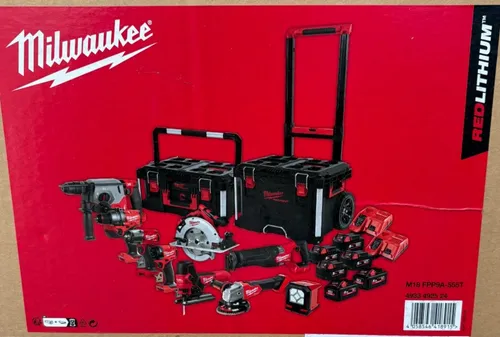 Milwaukee M18 FPP9A-555T SET 19tl.-SET - Akku-Werkzeugsatz mit 12-teiligem Schlagschrauber-Steckschlüsselsatz und Säbelsägeblattsatz, ideal für professionelle Anwendungen und mobil durch den Koffer & Trolley-Koffer.