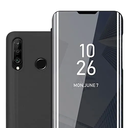 Cadorabo Hülle kompatibel mit Huawei P30 LITE in TURMALIN SCHWARZ - Clear View Spiegel Schutzhülle mit Standfunktion 360 Grad Schutz