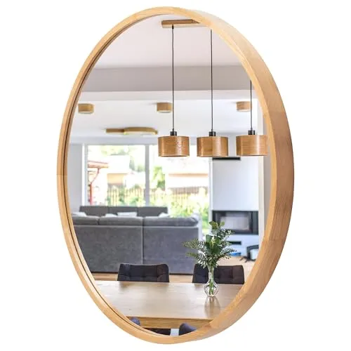 STOLARNIA PIKA Runder Bad Spiegel - 70 cm Holzrahmen in Eiche - Dekorative Wandspiegel mit hochwertigem Holzrahmen, stilvolles und zeitloses Design für Badezimmer, Flur oder Wohnzimmer.