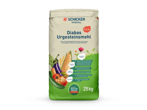 Schicker Mineral Diabas Urgesteinsmehl fein 25 kg - Erde, nährstoffreich und biologisch zertifiziert – ideal zur Bodenverbesserung und als natürlicher Kompostbeschleuniger für gesunde Pflanzen.