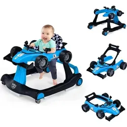 Costway Lauflernwagen, 4-in-1 Design, Blau - Lauflernwagen mit 4-in-1 Funktionen: Lauflernmodus, Push-Behind, Schiebewagen und Babykart. Einstellbare Höhe, Kopfstütze für Sicherheit und klappbar für einfachen Transport.
