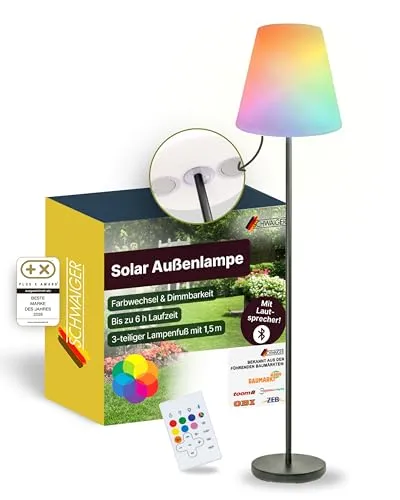 SCHWAIGER 661828 LED Solar Außenlampe mit Bluetooth Lautsprecher - Lampen – Kabellose Stehleuchte mit integriertem Bluetooth Lautsprecher für stimmungsvolle Abende im Freien. Ideal für Garten und Balkon, mit 6 Stunden Laufzeit und IP44 spritzwassergeschützt.