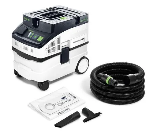 Festool CT 15 E Nass-Trockensauger - Kompakter 15 Liter Nass-Trockensauger mit 1200 Watt Leistung und 5-stufiger Saugkraftregulierung. Ideal für mobile Anwendungen und ausgestattet mit Antistatik-Funktion.