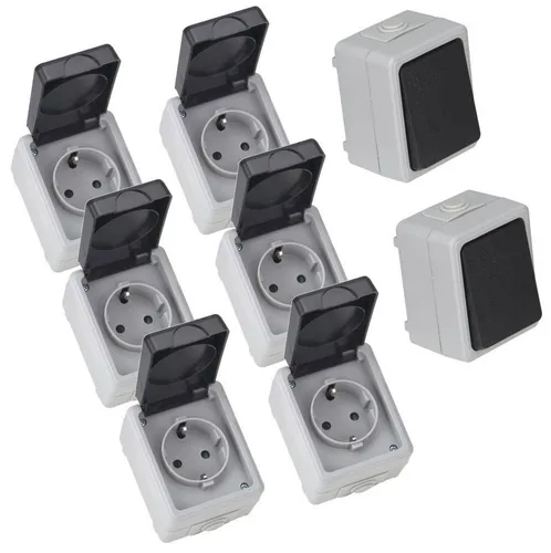 ETT Marketing GmbH Aufputz-Steckdose TAFF Starter Set 8-teilig - Steckdosen & Zubehör: 6 spritzwassergeschützte Steckdosen und 2 Wechselschalter, ideal für feuchte Umgebungen mit Schutzklasse IP44.