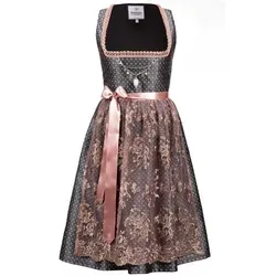 Edelnice Designer Midi Dirndl Beatrice - Elegantes Dirndl in dunkelgrau mit altrosa Streublümchen, edler Spitzendirndlschürze und abnehmbarem Charivari. Perfekt für festliche Anlässe! Verfügbar in Größen 32-54.