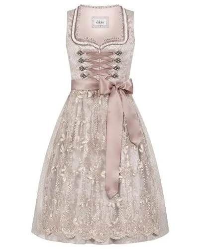 Nübler Trachtenkleid Dirndl Midi Tessa in Taupe - Trachtenmode mit herzförmigem Ausschnitt und praktischem Reißverschluss vorne, ideal für festliche Anlässe