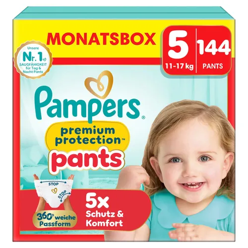 Pampers Premium Protection Pants Gr.5 Junior 12-17kg - WINDELN für aktive Babys, 144 Stück Monatsbox mit zuverlässigem Schutz und optimalem Sitz für ungehinderte Bewegungen.