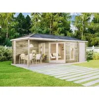 Alpholz Gartenhaus 5-Eck Liwa mit Anbau - Gartenhaus aus nordischer Fichte mit 28mm Wandstärke, ideal für kreative Gartenprojekte. Bietet viel Platz und ein stilvolles Walmdachdesign.