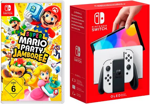 Nintendo Switch OLED weiß + Super Mario Party Jamboree - Konsolen mit 7" OLED-Display, 64 GB Speicher und zwei Joy-Con-Controllern für unvergessliche Multiplayer-Abende!