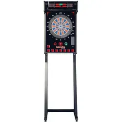 Karella Dartautomat E-MASTER Wandgerät, Schwarz mit Standfuß - Professioneller E-Dartautomat für bis zu 4 Spieler, inklusive Wandhalterung und freistehendem Standfuß. Ideal für Schulen und Jugendheime – Made in EU mit automatischer Spielerumschaltung und LED-Beleuchtung.
