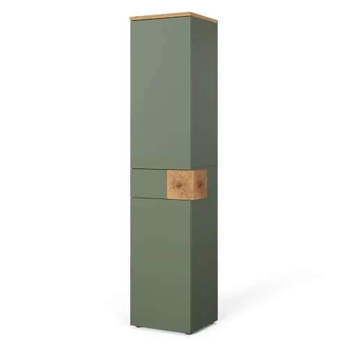 Vicco Hochschrank Eden in Grün/Artisan, 40 x 184,2 cm - Moderner Hochschrank mit griffloser Fassade und viel Stauraum. Zwei Türen und eine Schublade bieten Platz für Badutensilien. Ideal zur individuellen Anpassung durch fünf Einlegeböden. Perfekte Ergänzung für Ihr Badezimmer.