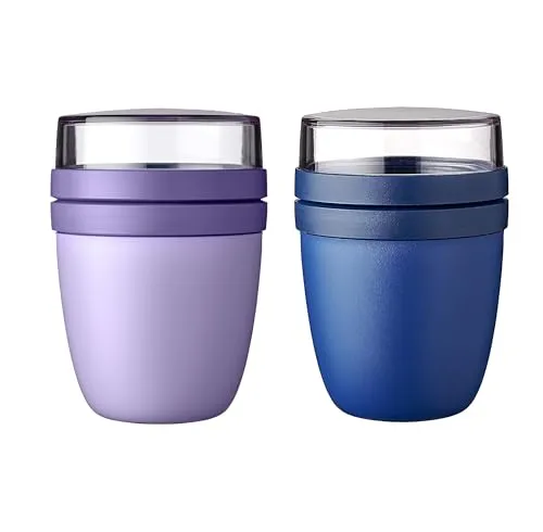 Mepal | Lunchpot Ellipse Mixed Mini | Vivid Lilac + Vivid Blue | Müslibecher to go | Unterteilung für Joghurt & Müsli | 300 ml + 120 ml | Geeignet für Gefrierschrank, Mikrowelle & Spülmaschine