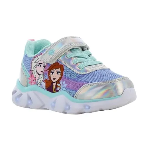 Leomil Frozen Schuhe für Mädchen (2-8 Jahre), Sneaker mit ELSA & Anna Motiv, Klettverschluss, LED Leuchten bei jedem Schritt, ideal for Schule und Freizeit, Silber & Blau, Größe 26 EU