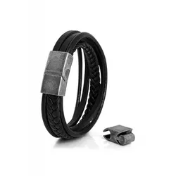 Akitsune Pax Lederarmband | Armschmuck Damen Herren Magnetisch Armband - Silber - Schwarz 21cm