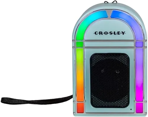 Crosley Mini Jukebox Tragbarer Bluetooth-Lautsprecher mit 8H + Spielzeit - Kabelloser Indoor-Reiselautsprecher mit Lichtern, Retro-Design mit kräftigem Audio, wiederaufladbare USB-C-Party-Lautsprecher